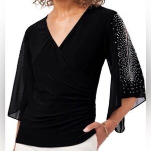 Chaus Black Beaded Sheer Sleeve Blouse